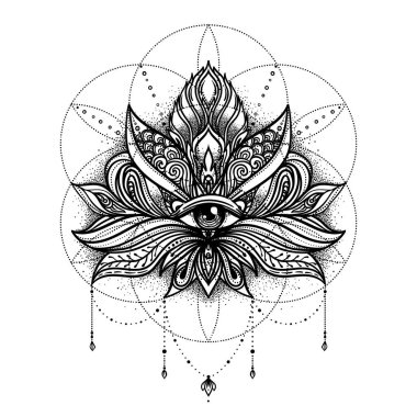 Yaşam Tohumu 'nun kutsal geometri sembolü üzerine nilüfer çiçeği dövmesi tasarımı. Antik geometrik ruhani sembol. Üst üste binen daireler, çiçek deseni, Hayat Çiçeği. Siyah ve beyaz vektör çizimi.