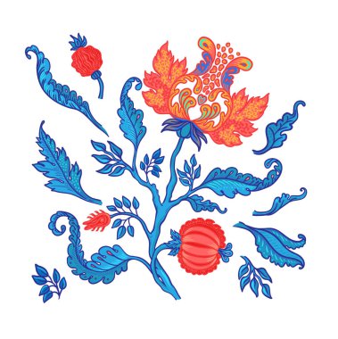 Çiçek desenli elementler, beyaza izole edilmiş Jacobean tarzında ayarlanmış. Büyülü Vintage Çiçekleri. Chintz ilham verdi. Ambalaj kağıdı, duvar kağıdı, kumaş ve moda kıyafetleri için tasarım.