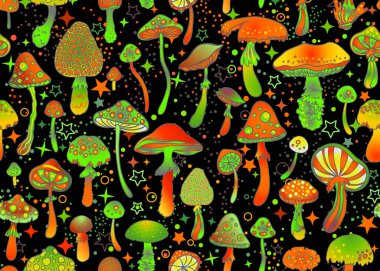 Sihirli mantarlar ve yıldızların pürüzsüz deseni. Psikedelik halüsinasyon. 60 'ların renkli hippi sanatı. Klasik saykodelik tekstil, kumaş, ambalaj kağıdı, duvar kağıdı. Gösterimi yineleyen vektör.