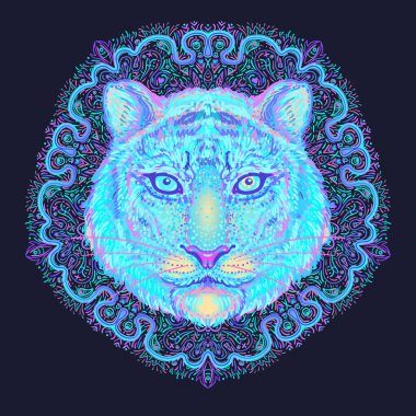 Süslü kaplan kafası. Afrikalı, Hintli, totem, dövme, çıkartma tasarımı. Tişört tasarımı, çanta, kartpostal ve posterler. Parlak neon renklerle izole edilmiş vektör illüstrasyonu.