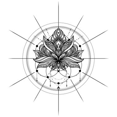 Yaşam Tohumu 'nun kutsal geometri sembolü üzerine nilüfer çiçeği dövmesi tasarımı. Antik geometrik ruhani sembol. Üst üste binen daireler, çiçek deseni, Hayat Çiçeği. Siyah ve beyaz vektör çizimi.