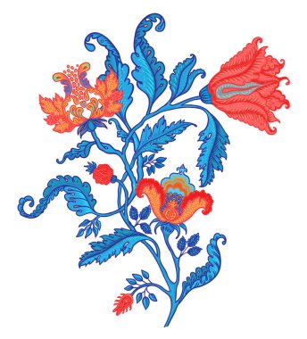 Çiçek desenli elementler, beyaza izole edilmiş Jacobean tarzında ayarlanmış. Büyülü Vintage Çiçekleri. Chintz ilham verdi. Ambalaj kağıdı, duvar kağıdı, kumaş ve moda kıyafetleri için tasarım.