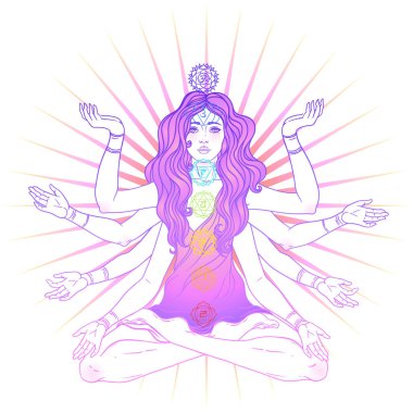 Uzun saçlı, çoklu elli, lotus yogası pozisyonunda oturan güzel bir kadın. Çok kollu tanrıça Tanrıça Lakshmi, Hindu zenginlik, servet ve refah tanrıçası. Vektör ayrıntılı izole edildi