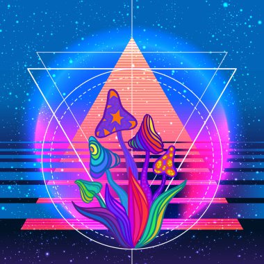 Geçmişe dönük gelecekçilik. 80 'ler ya da 90' ların modası geçmiş, sihirli mantarlı. Tekstil tişörtü, el ilanı ve poster tasarımı için iyi bir tasarım. Parlak neon renkleri ile gelecekçi vektör illüstrasyonu.