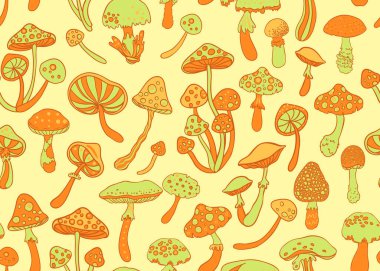 Sihirli mantarlar. Psikedelik halüsinasyon. Canlı vektör çizimi. 60 'ların renkli arka planı, hippi ve bohem dokusu. Değişken duvar kağıdı.