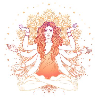 Uzun saçlı, çoklu elli, lotus yogası pozisyonunda oturan güzel bir kadın. Çok kollu tanrıça Tanrıça Lakshmi, Hindu zenginlik, servet ve refah tanrıçası. Vektör ayrıntılı izole edildi