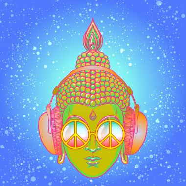 Gökkuşağı gözlüklü renkli Buda kulaklıkla müzik dinliyor. Vektör çizimi. Güneş gözlüklü hippi barış işareti. Psikedelik mantarlar. Budizm, trans müzik. Esrarlı sanat