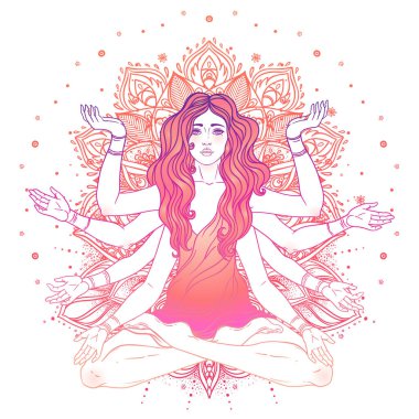Uzun saçlı, çoklu elli, lotus yogası pozisyonunda oturan güzel bir kadın. Çok kollu tanrıça Tanrıça Lakshmi, Hindu zenginlik, servet ve refah tanrıçası. Vektör ayrıntılı izole edildi