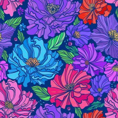 Taze renk paletinde soyut çiçekleri olan parlak, pürüzsüz bir desen. Sonsuz özgeçmiş. Etnik, pürüzsüz bir model. Vektör arkaplanı. Yaz şablonu.