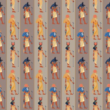 Eski Mısır. Mısır tanrıları ve sembolleriyle klasik, dikişsiz desen. Resimleri tekrarlayan el çizimi vektörü. Ra, Isis, Anubis, Sekhtmet, Kleopatra, Piramit.