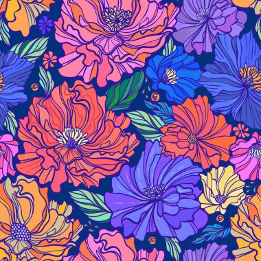 Taze renk paletinde soyut çiçekleri olan parlak, pürüzsüz bir desen. Sonsuz özgeçmiş. Etnik, pürüzsüz bir model. Vektör arkaplanı. Yaz şablonu.