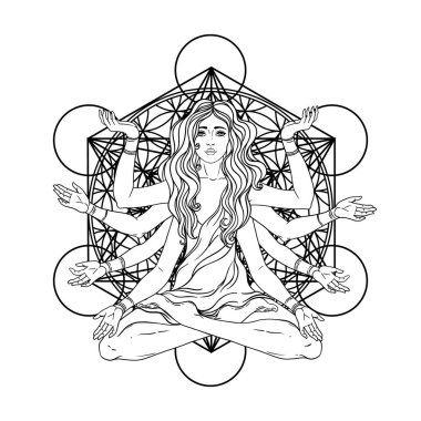Uzun saçlı, çoklu elli, lotus yogası pozisyonunda oturan güzel bir kadın. Çok kollu tanrıça Tanrıça Lakshmi, Hindu zenginlik, servet ve refah tanrıçası. Vektör ayrıntılı izole edildi