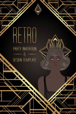 Retro moda, yirmili yaşlardaki çekici kız. Afrikalı Amerikalı kadın. Vektör çizimi. Flapper 20 tarzı. Klasik parti davetiye tasarım şablonu. Süslü siyah kadın..
