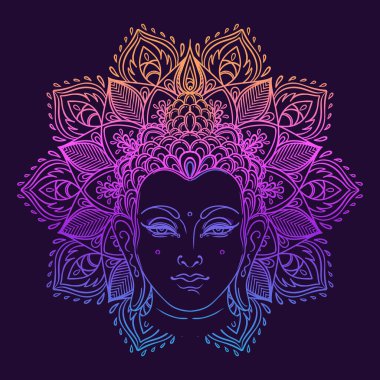 Buda 'nın yüzü mandala şeklinin üzerinde. Esrarengiz klasik vektör çizimi. Hint, Budizm, ruhani sanat. Hippi dövmesi, ruhanilik, Tayland tanrısı, yetişkinler için yoga zen boyama kitabı sayfaları.