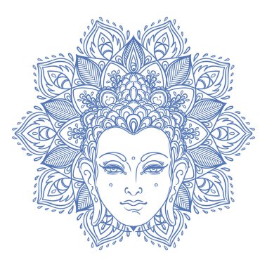 Buda 'nın yüzü mandala şeklinin üzerinde. Esrarengiz klasik vektör çizimi. Hint, Budizm, ruhani sanat. Hippi dövmesi, ruhanilik, Tayland tanrısı, yetişkinler için yoga zen boyama kitabı sayfaları.