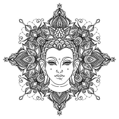 Buda 'nın yüzü mandala şeklinin üzerinde. Esrarengiz klasik vektör çizimi. Hint, Budizm, ruhani sanat. Hippi dövmesi, ruhanilik, Tayland tanrısı, yetişkinler için yoga zen boyama kitabı sayfaları.