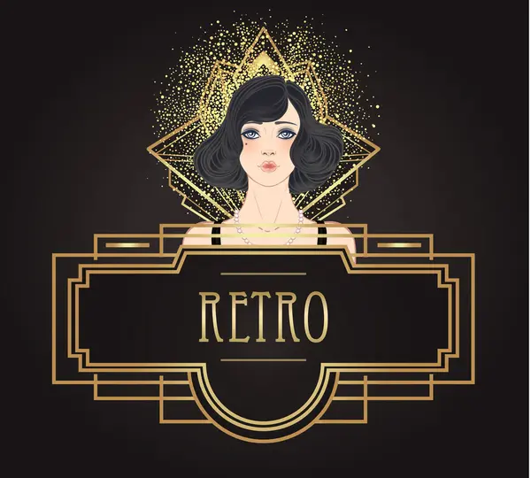 Art Deco vintage davetiye şablonu tasarımı ve desenler ve çerçeveler üzerinde flapper girl çizimi. 1920 'lerde Retro Party' nin arka planı belirlendi. Büyüleyici etkinlik için vektör, tematik düğün veya caz