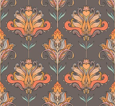 Çiçeksel renksiz desenli, retro 60 'lar, 70' ler hippi tarzı arka plan. Klasik saykodelik tekstil, kumaş, ambalaj kağıdı, duvar kağıdı. Gösterimi yineleyen vektör.