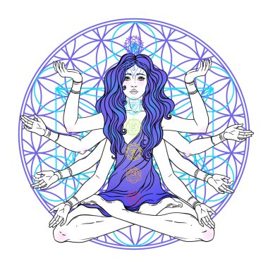 Uzun saçlı, çoklu elli, lotus yogası pozisyonunda oturan güzel bir kadın. Çok kollu tanrıça Tanrıça Lakshmi, Hindu zenginlik, servet ve refah tanrıçası. Vektör ayrıntılı izole edildi