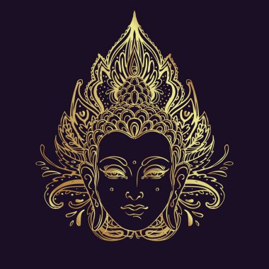 Buda 'nın yüzü mandala şeklinin üzerinde. Esrarengiz klasik vektör çizimi. Hint, Budizm, ruhani sanat. Hippi dövmesi, ruhanilik, Tayland tanrısı, yetişkinler için yoga zen boyama kitabı sayfaları.