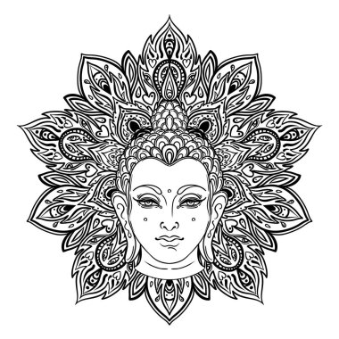 Buda 'nın yüzü mandala şeklinin üzerinde. Esrarengiz klasik vektör çizimi. Hint, Budizm, ruhani sanat. Hippi dövmesi, ruhanilik, Tayland tanrısı, yetişkinler için yoga zen boyama kitabı sayfaları.