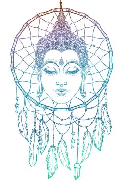 Buda'nın yüzüne dreamcatcher desen yuvarlak. Ezoterik vintage vektör çizim. Hint, Budizm, manevi ar etnik tasarım, boho chic, aşiret sembolü. Boyama kitabı yetişkinler için.