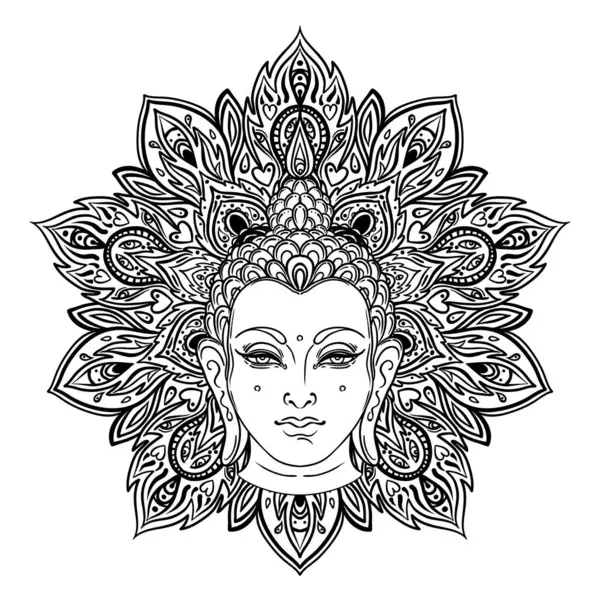 Buda 'nın yüzü mandala şeklinin üzerinde. Esrarengiz klasik vektör çizimi. Hint, Budizm, ruhani sanat. Hippi dövmesi, ruhanilik, Tayland tanrısı, yetişkinler için yoga zen boyama kitabı sayfaları.