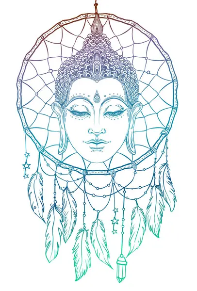 Buda'nın yüzüne dreamcatcher desen yuvarlak. Ezoterik vintage vektör çizim. Hint, Budizm, manevi ar etnik tasarım, boho chic, aşiret sembolü. Boyama kitabı yetişkinler için.
