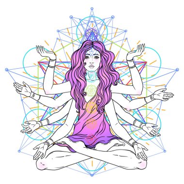 Uzun saçlı, çoklu elli, lotus yogası pozisyonunda oturan güzel bir kadın. Çok kollu tanrıça Tanrıça Lakshmi, Hindu zenginlik, servet ve refah tanrıçası. Vektör ayrıntılı izole edildi