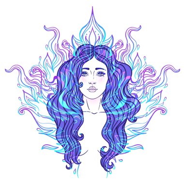 Uzun saçlı, çoklu elli, lotus yogası pozisyonunda oturan güzel bir kadın. Çok kollu tanrıça Tanrıça Lakshmi, Hindu zenginlik, servet ve refah tanrıçası. Vektör ayrıntılı izole edildi