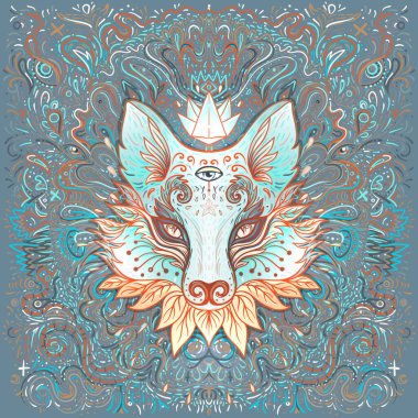 Şirin tilki ya da kedi suratlı, hayali desenli. Hayvan severler için karakter dövmesi tasarımı, baskı için sanat eseri, tekstil. Ayrıntılı vektör çizimi. Totem hayvanı..