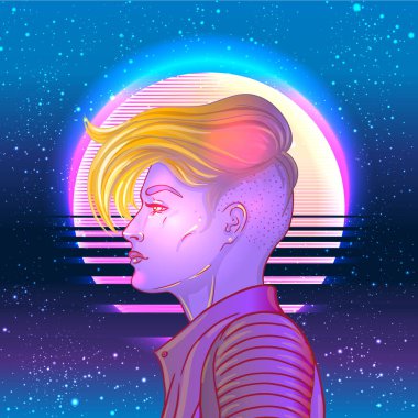 Geçmişe dönük kısa traşlı peri desenli, çift cinsiyetli genç bir kadının portresi. Neon renkli vektör illüstrasyonu. Mavi kısa saç. Gelecekçi sentetik dalga el ilanı şablonu