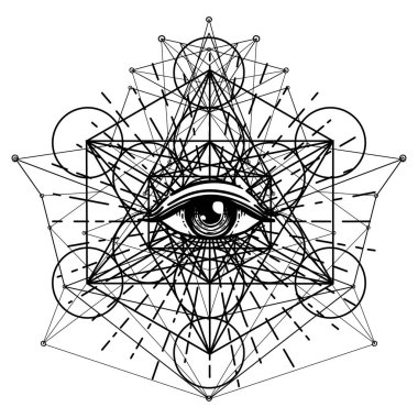 Kutsal geometri sembolü dövmeli bir göz. Yaşam Tohumu. Antik geometrik ruhani sembol. Üst üste binen daireler, çiçek deseni, Hayat Çiçeği. Siyah ve beyaz vektör çizimi.