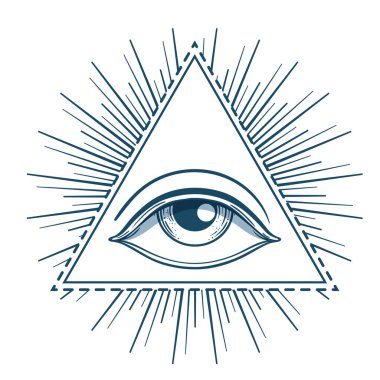Siyah dövmeli flaş. Tanrı 'nın Gözü. Mason sembolü. Hepsi üçgen piramidin içini görüyor. Yeni Dünya Düzeni. Kutsal geometri, din, maneviyat, okültizm. İzole vektör illüstrasyonu