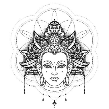 Buda 'nın yüzü mandala şeklinin üzerinde. Esrarengiz klasik vektör çizimi. Hint, Budizm, ruhani sanat. Hippi dövmesi, ruhanilik, Tayland tanrısı, yetişkinler için yoga zen boyama kitabı sayfaları.