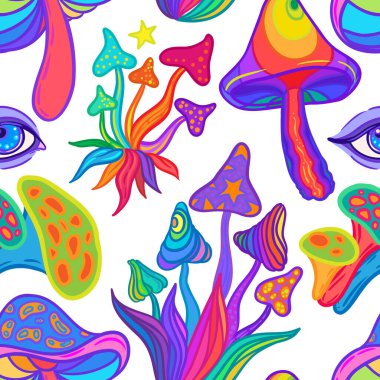 Sihirli mantarlar mandala pürüzsüz desen. Psikedelik halüsinasyon. Canlı trippy vektör çizimi. 60 'ların renkli hippi sanatı. Etnik Hint tarzında elle çizilmiş tasarım. Mistik soyut yoga minderi.