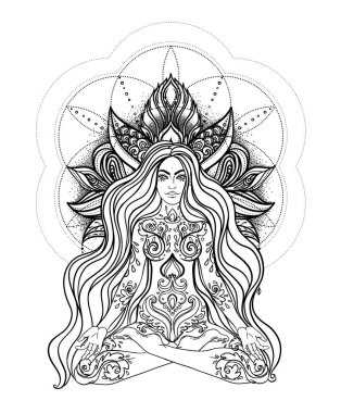 Kabile Tanrıçası. Siyah ve beyaz mandala yerine Boho Girl. Beyaz üzerine izole edilmiş vektör dekoratif çizim. Budizm esrarengiz motifleri. Dövme, ruhani yoga. Boyama kitabı.