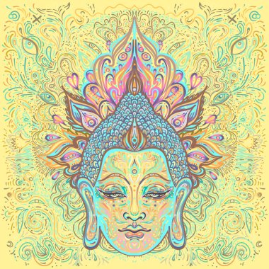 Buda 'nın yüzü mandala şeklinin üzerinde. Esrarengiz klasik vektör çizimi. Hint, Budizm, ruhani sanat. Hippi dövmesi, ruhanilik, Tayland tanrısı, yetişkinler için yoga zen boyama kitabı sayfaları.