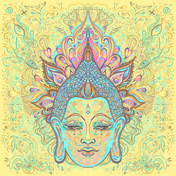 Buddha face over ornate mandala round pattern. Esoteric vintage vector illustration. Indian, Buddhism, spiritual art. Hippie tattoo, spirituality, Thai god, yoga zen Coloring book pages for adults.