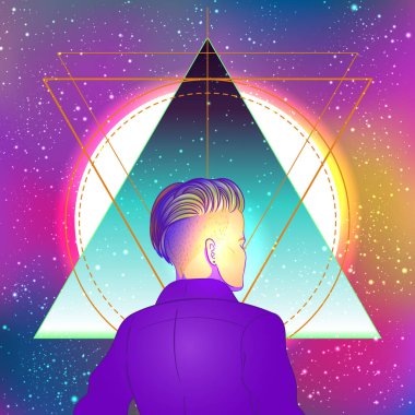 Geçmişe dönük kısa traşlı peri desenli, çift cinsiyetli genç bir kadının portresi. Neon renkli vektör illüstrasyonu. Mavi kısa saç. Gelecekçi sentetik dalga el ilanı şablonu