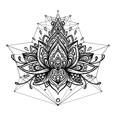 Süs çiçek, etnik sanat, desenli Hint desenli vektör. Elle çizilmiş şekil. Davet öğesi. Dövme, Astroloji, simya, boho ve büyü sembolü. Çocuklar ve yetişkinler için boyama kitabı.