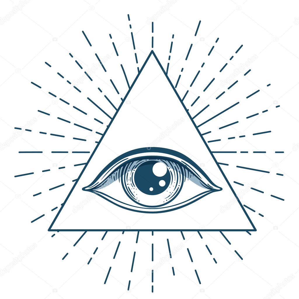 Blackwork tattoo flash. Eye of Providence. Masonic symbol. All seeing eye inside triangle pyramid. New World Order. Sacred geometry, religion, spirituality, occultism. Isolated vector illustration