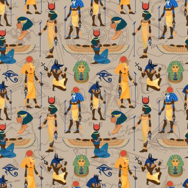 Eski Mısır. Mısır tanrıları ve sembolleriyle klasik, dikişsiz desen. Resimleri tekrarlayan el çizimi vektörü. Ra, Isis, Anubis, Sekhtmet, Kleopatra, Piramit.