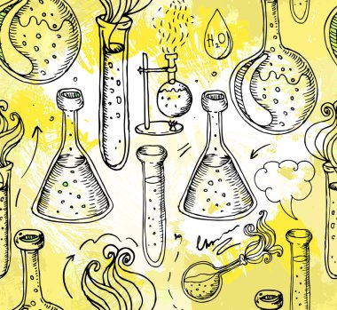 Okula dönelim: Fen laboratuarı objeleri el karalaması klasik eskizler kusursuz desenler, vektör illüstrasyonları.