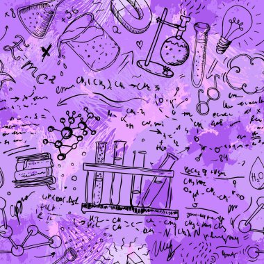 Okula dönelim: Fen laboratuarı objeleri el karalaması klasik eskizler kusursuz desenler, vektör illüstrasyonları.