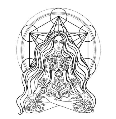 Kabile Tanrıçası. Siyah ve beyaz mandala yerine Boho Girl. Beyaz üzerine izole edilmiş vektör dekoratif çizim. Budizm esrarengiz motifleri. Dövme, ruhani yoga. Boyama kitabı.