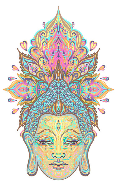 Buddha face over ornate mandala round pattern. Esoteric vintage vector illustration. Indian, Buddhism, spiritual art. Hippie tattoo, spirituality, Thai god, yoga zen Coloring book pages for adults.