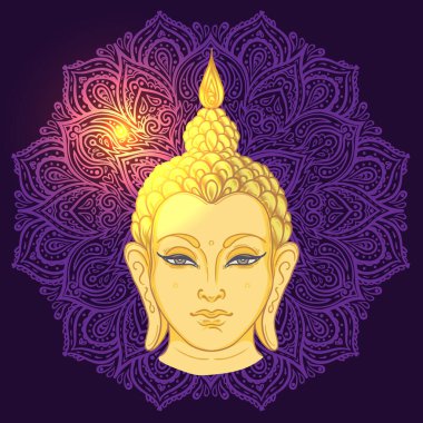 Buda 'nın yüzü mandala şeklinin üzerinde. Esrarengiz klasik vektör çizimi. Hint, Budizm, ruhani sanat. Hippi dövmesi, ruhanilik, Tayland tanrısı, yetişkinler için yoga zen boyama kitabı sayfaları.