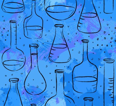 Okula dönelim: Fen laboratuarı objeleri el karalaması klasik eskizler kusursuz desenler, vektör illüstrasyonları.