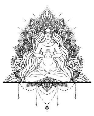 Kabile Tanrıçası. Siyah ve beyaz mandala yerine Boho Girl. Beyaz üzerine izole edilmiş vektör dekoratif çizim. Budizm esrarengiz motifleri. Dövme, ruhani yoga. Boyama kitabı.